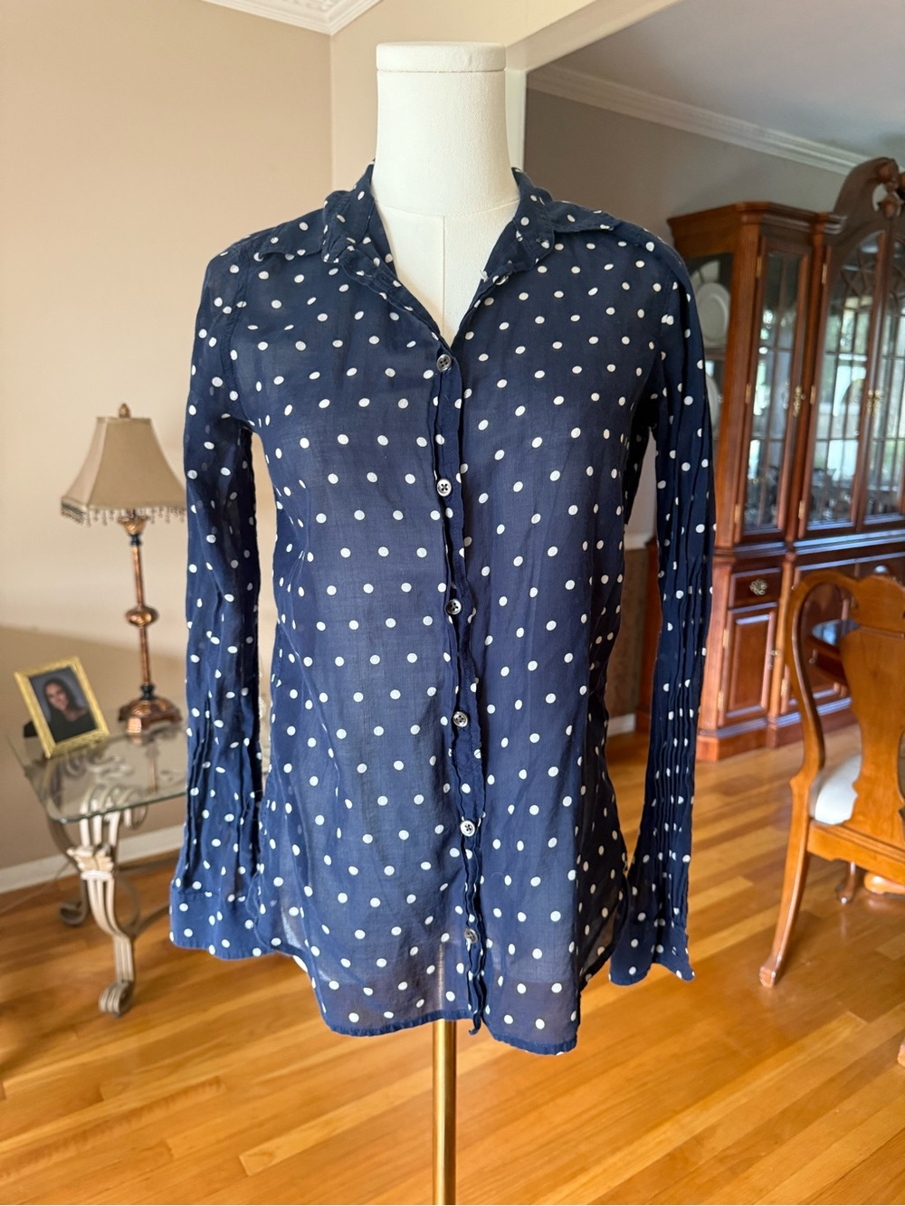 J. Crew Navy and White Polka Dot Button-Down Shirt
